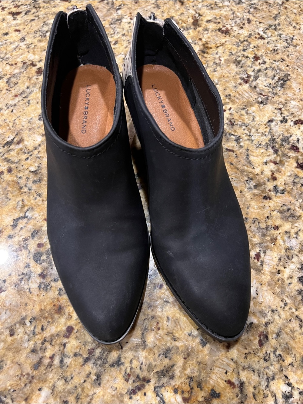 Lucky Brand Black and white Pointed Ankle Booties with back Zip